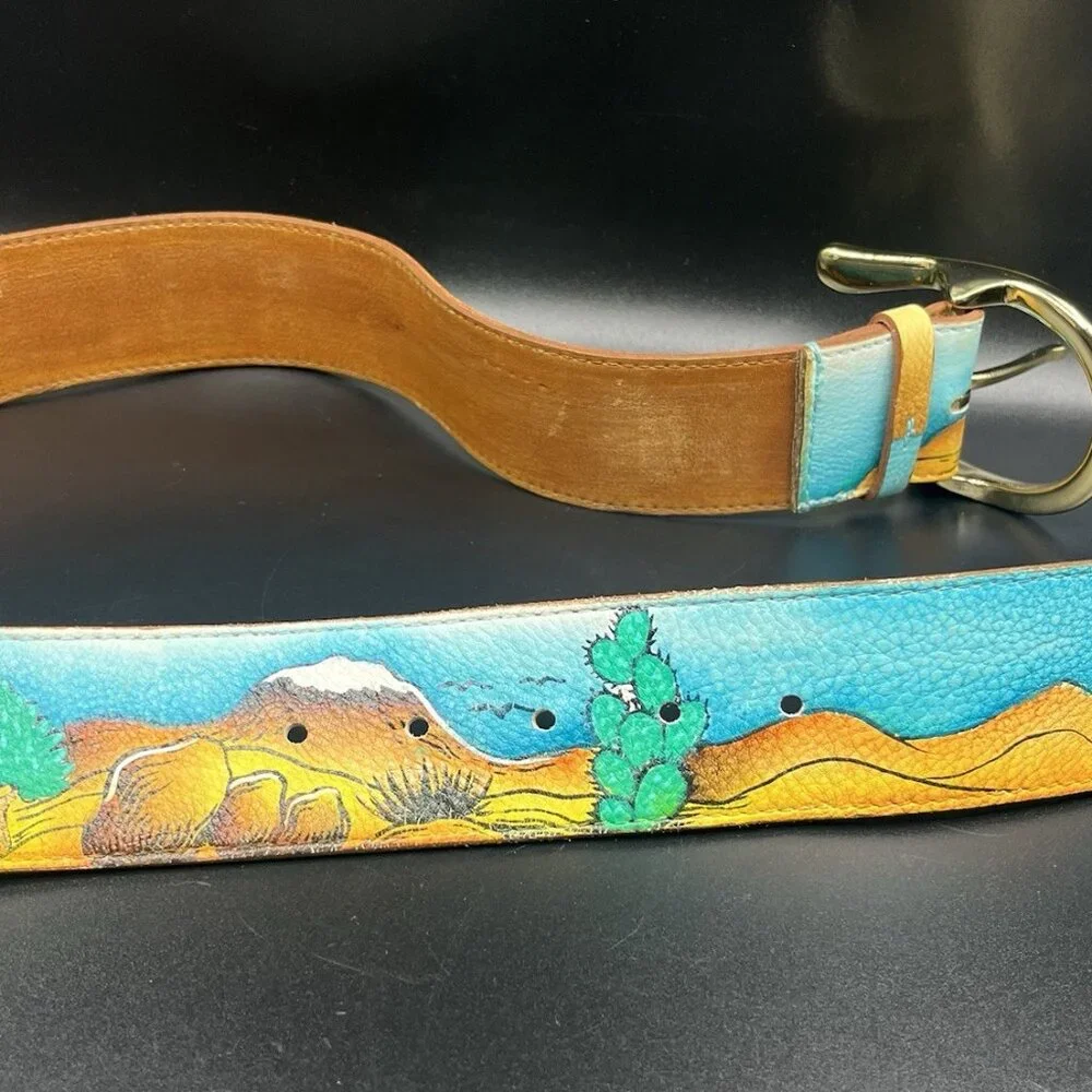 VTG 90s Hand Painted Leather Belt Southwestern Desert Horse Cowgirl L/XL Western